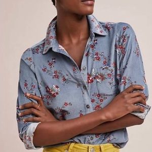 Anthropologie Building 18 Corduroy Floral Long Sleeve Button Down Shirt Size 2